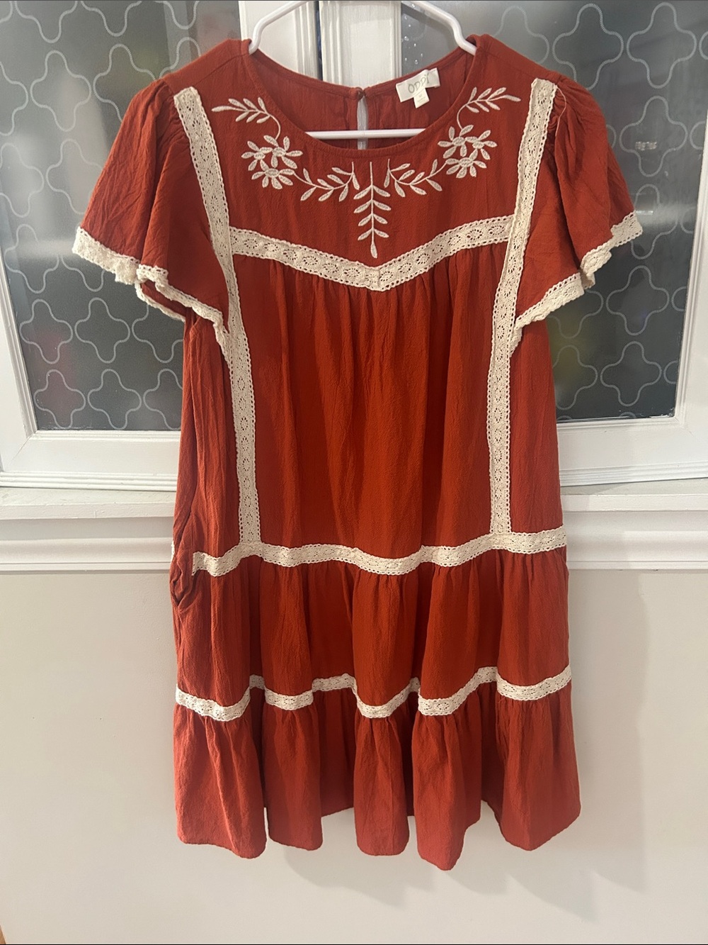 ODDY Rust Red Embroidered Tiered Boho Dress with Cream Lace